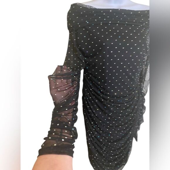 Windsor Aliya Heatstone Ruched Mesh Dress Off The Shoulder Neckline Holiday NYE - Picture 6 of 14